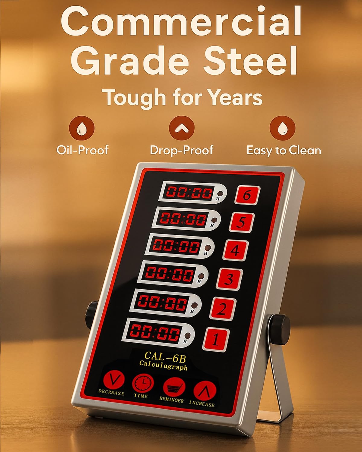 Commercial 6 Channel Kitchen Timer, Digital Stainless Steel Restaurant Timer with Loud Alarm, Multi-Event Reminder for Fryer, Baking