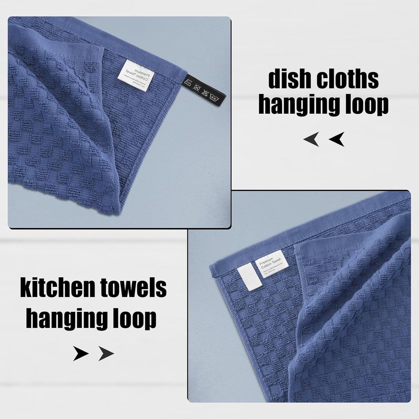 Fintale 100% Cotton Kitchen Towels and Dishcloths Set, 12 x 12 & 15 x 25 Inches, Set of 12 Bulk Super Soft and Absorbent Terry Cloth Dish Towels, Quick Drying Hand Towels with Hanging Loop, Navy Blue