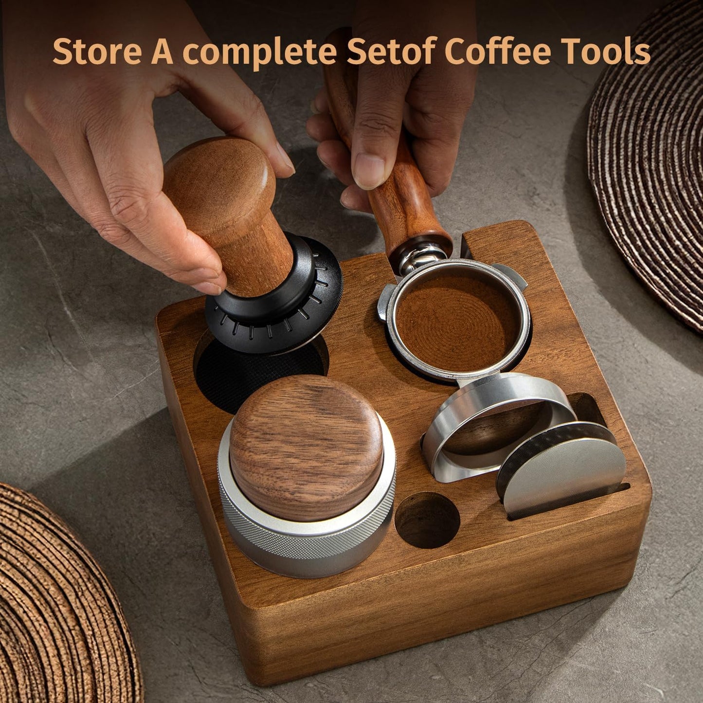Espresso Tamping Station 54mm, Walnut Portafilter Holder, Espresso Organizer Station, Espresso Machine Accessories, Distributor Slot and Multi Accessory Storage