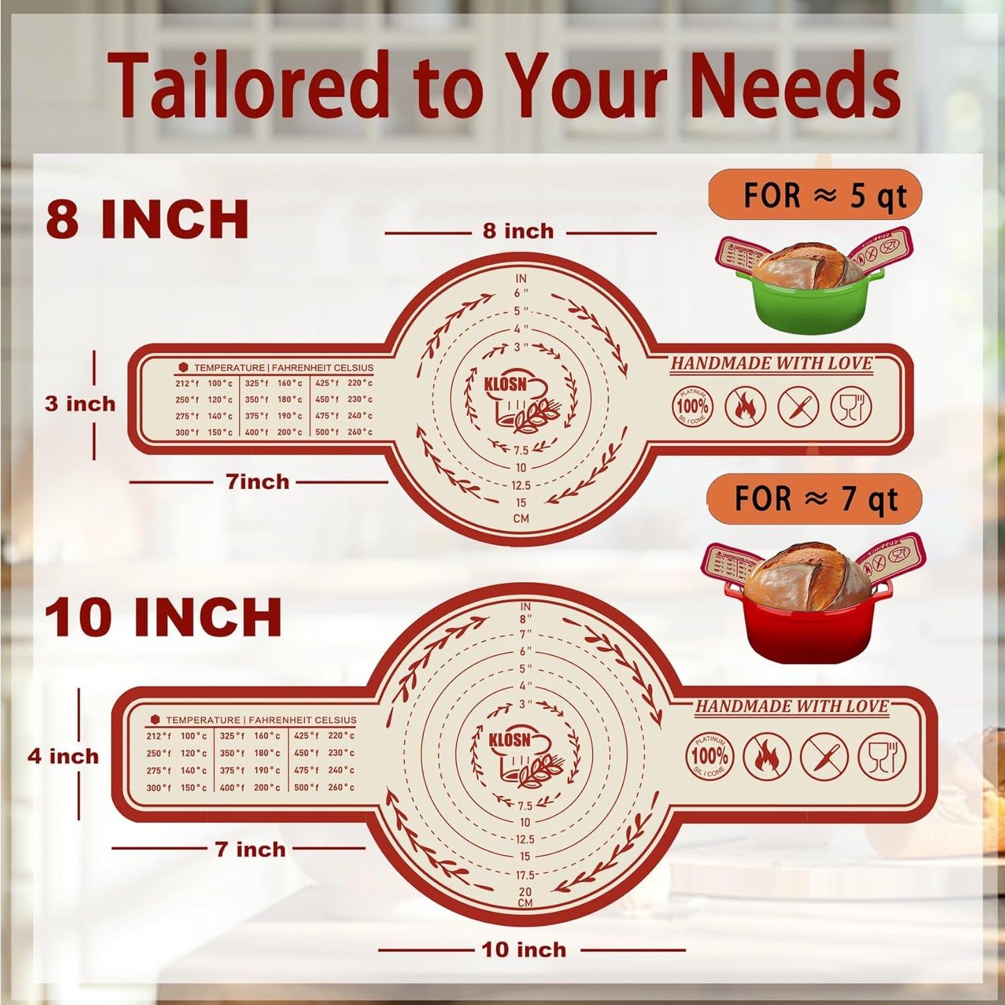 Silicone Bread Sling for Dutch Oven, 2 Pack (8" & 10" Round) – Non-Stick & 500°F Heat Resistant Sourdough Mat, Easy to Clean, Reusable Food-Grade Sourdough Slings - Fits 5–7 qt Dutch Ovens