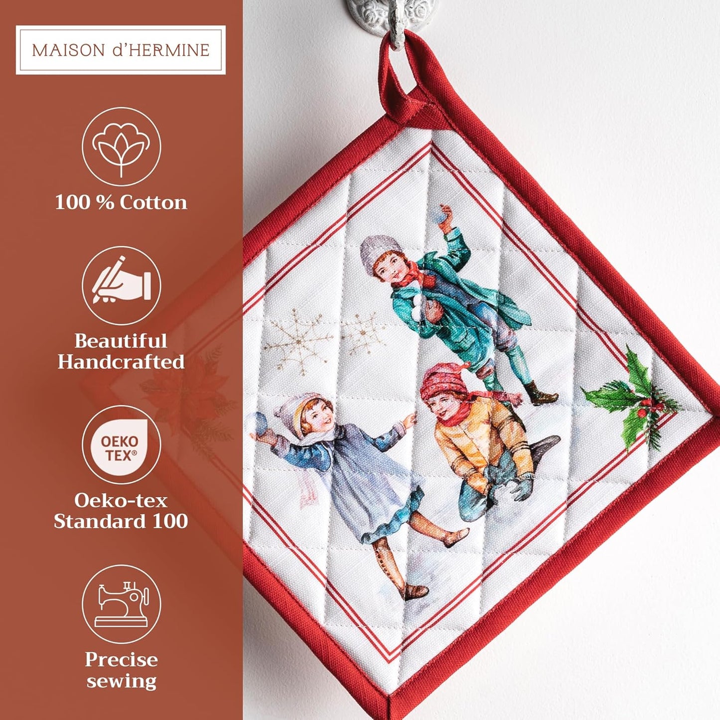 Maison d' Hermine Pot Holders 100% Cotton Heat Resistant Potholders 8" x 8" Hot Pads with Loop BBQ, Cooking, Baking, Grilling, Kitchen, Handling Hot Pans (Pack of 1, Chromo)