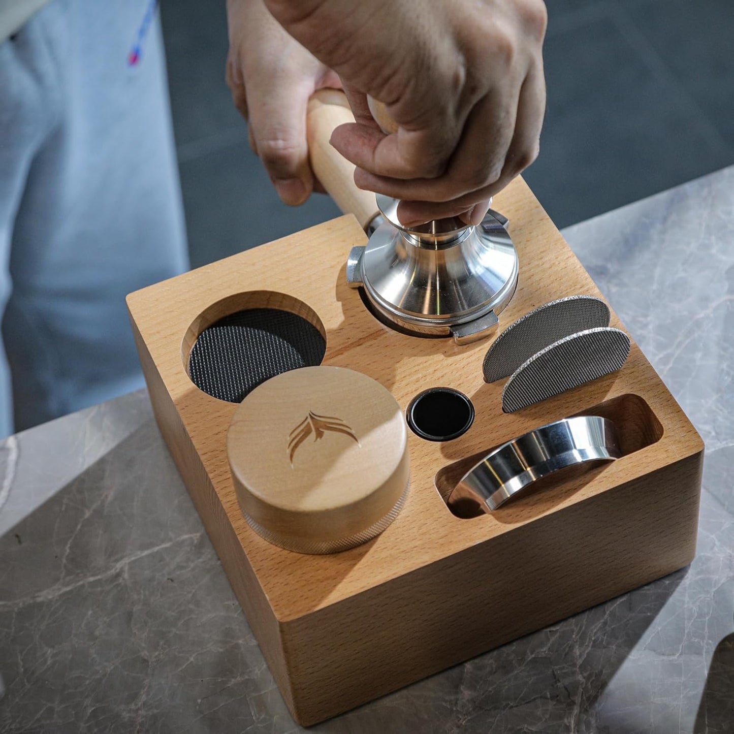 58mm Compact Espresso Tamping Station V3 – Portafilter Stand and Coffee Accessories Organizer for Espresso Machines with Tamper Holder, Distributor Slot, and Multi-Accessory Storage