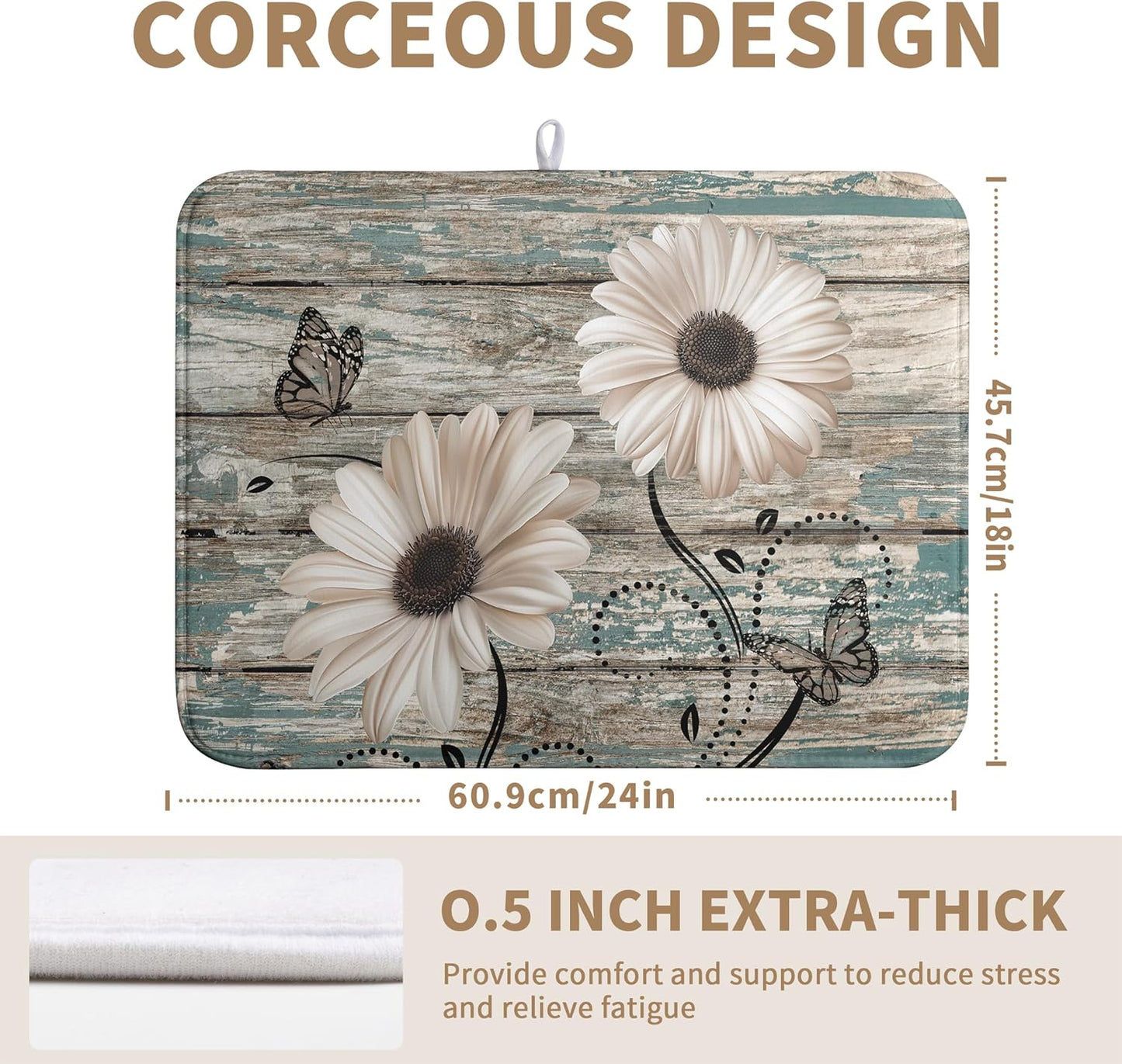 Summer Sunflower Vintage Dish Drying Mats for Kitchen Counter Country Rustic Daisy Farmhouse Kitchen Dishes Dryer Pad Fall Absorbent Dish Mat Microfiber Washable Foldable Reusable Large 18x24 in