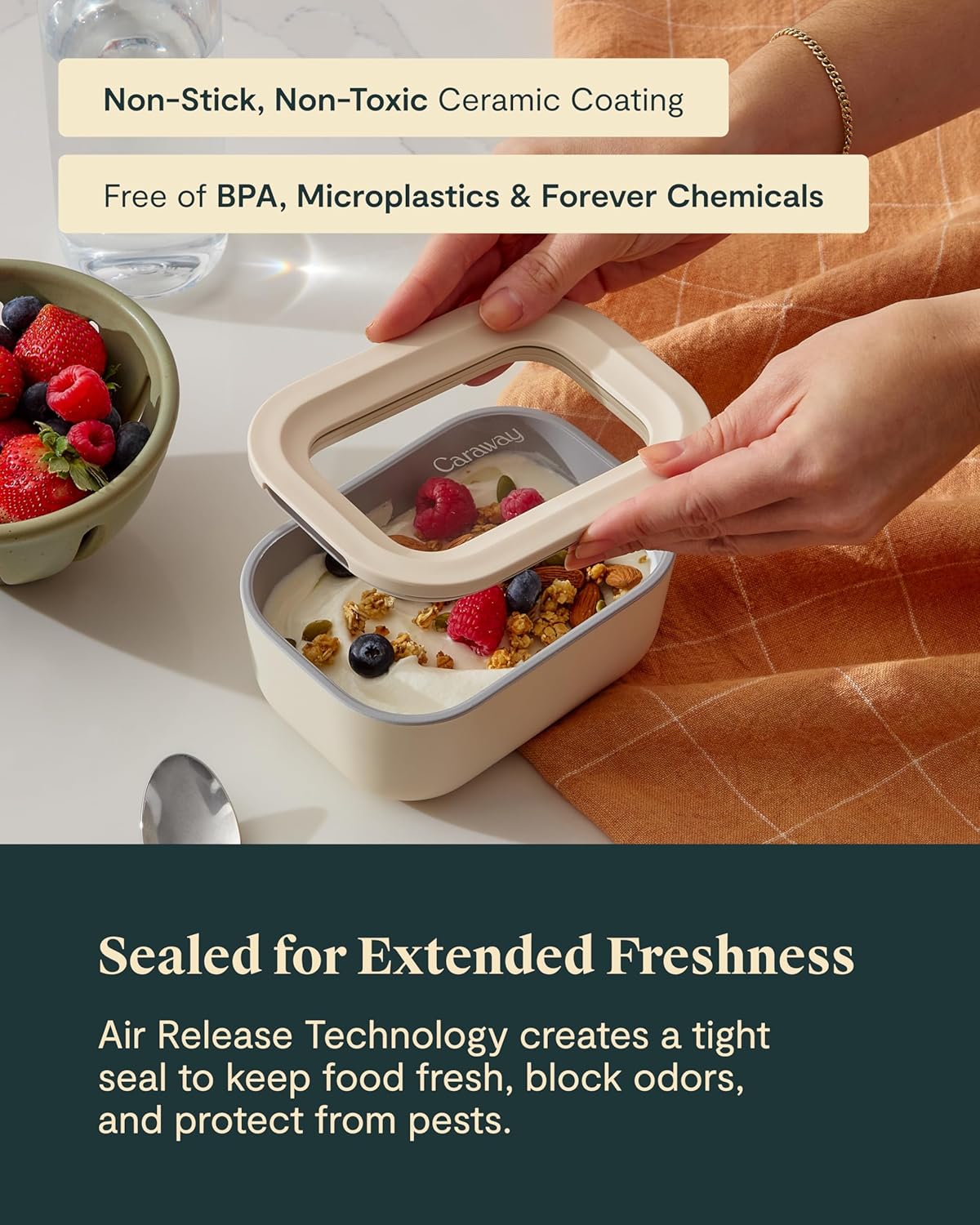 Caraway 2pc Glass Food Storage Set - 2.6 Cup Food Containers (2) - Non-Toxic Ceramic-Coated Glass - Air Release Technology - Compact & Stackable Design - Gray