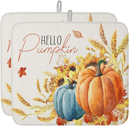 Fall Dish Drying Mat for Kitchen Counter Hello Pumpkin Drying Pad Absorbent Drying Mats for Countertops Sinks Draining Racks Sunflower Ears of Wheat Drainer Holiday Harvest Thanksgiving Decor 16x18