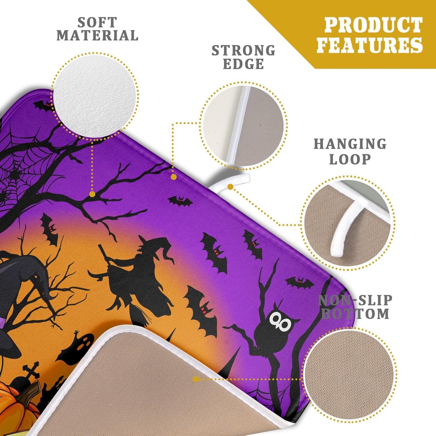 Happy Halloween Pumpkin Dish Drying Mat for Kitchen Counter,Witch Ghost Castle Bat Purple Drying Mat 16 x 18 Inch with High Absorbent Microfiber Drainer Mat for Coffee Bar