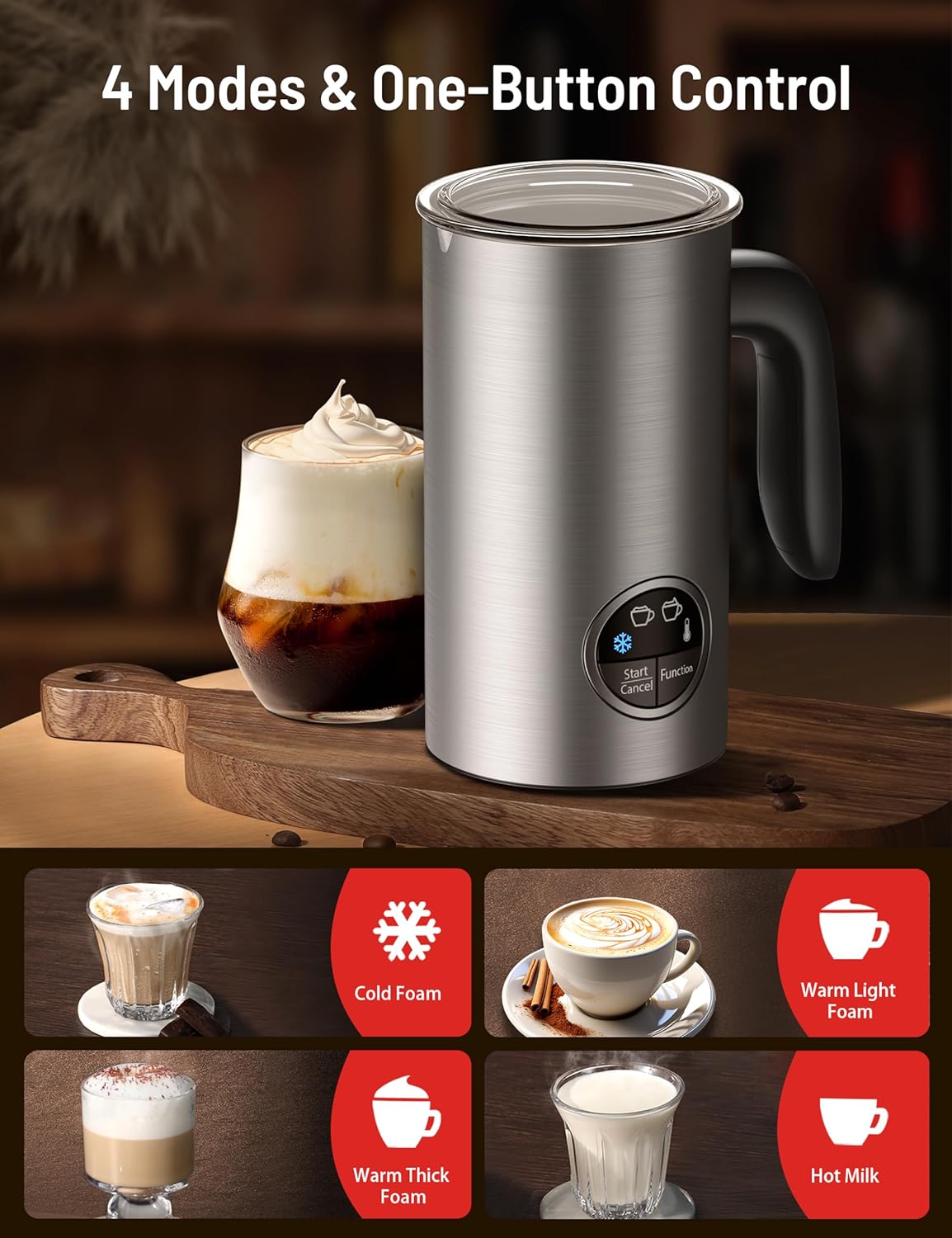 Milk Frother, Airyoyo 4-in-1 Milk Frother with Stand, Electric Milk Frother and Steamer Hot& Cold Foam Temperature Control, Auto Shut-Off Frother for Coffee Latte