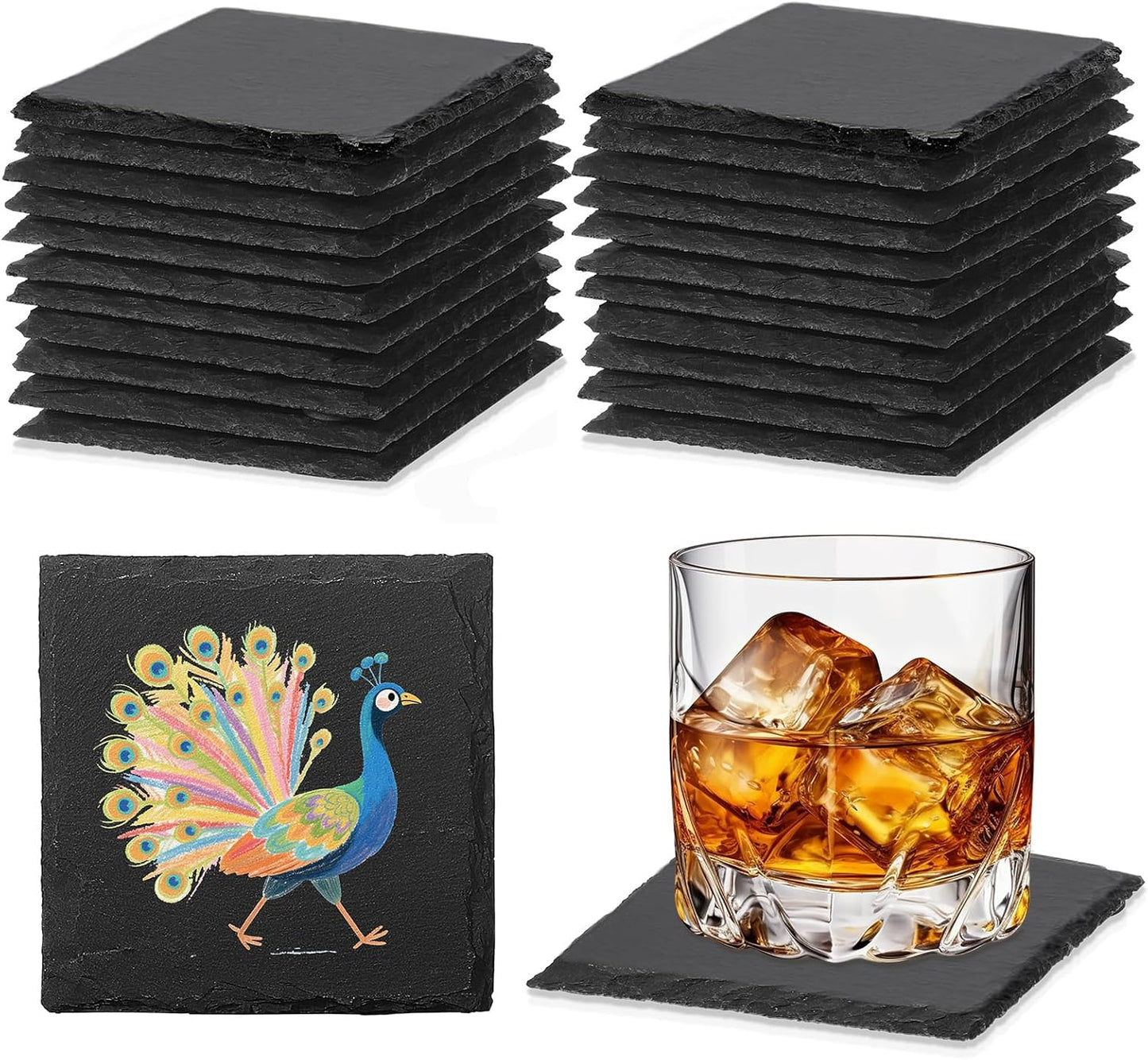24 PCS Slate Coasters Black Square 4 Inch Bulk Rock, Blank Laser Engraving, Scratch Resistant Bottom, Home Office Kitchen Gift Wedding Bar Party (24 PCS Square Coasters)