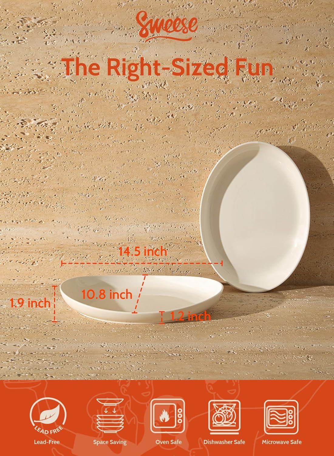 Sweese 2-Pack Porcelain Oval Serving Platters, White High-Grade Durable Professional, 14.5 Inch 2.0 Count