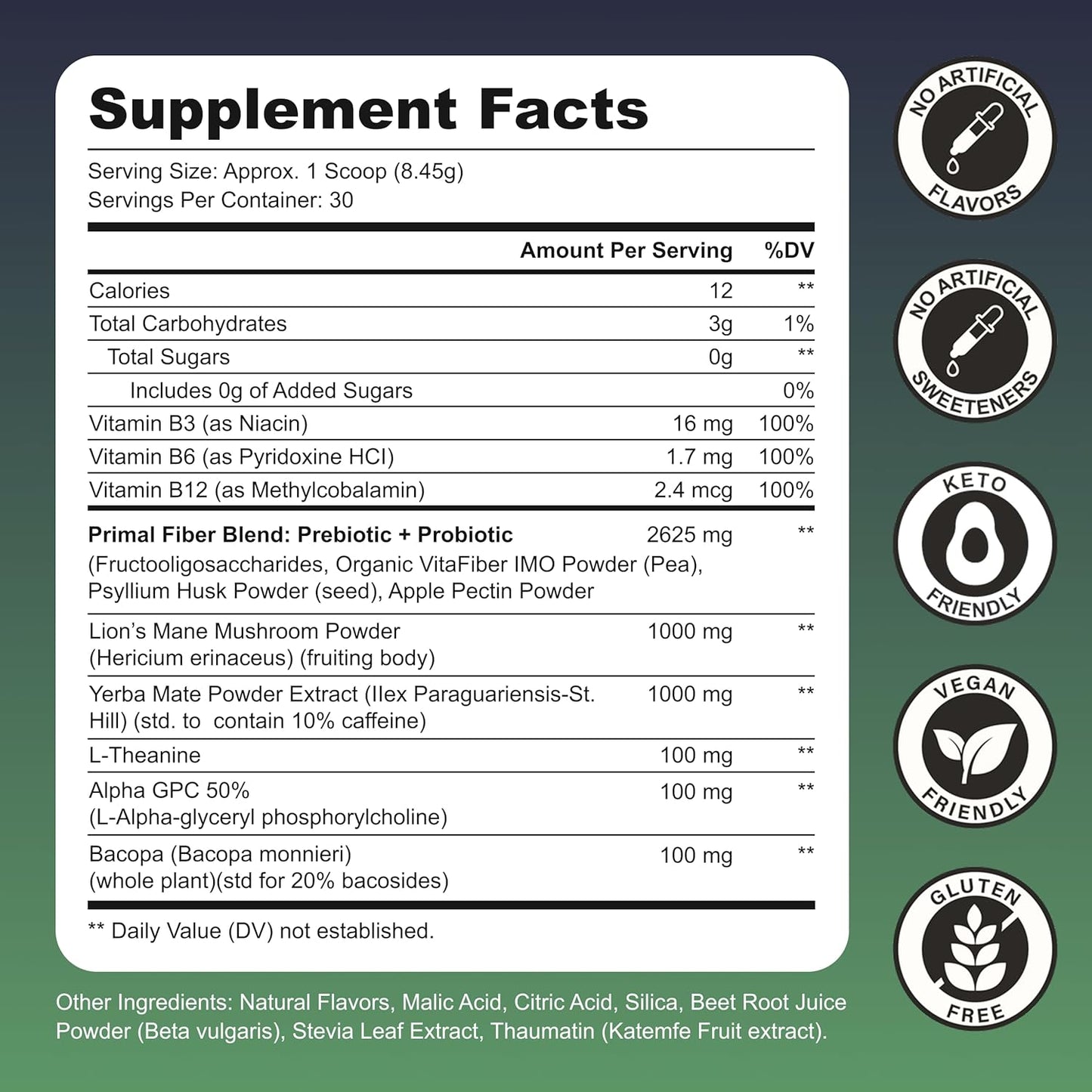 Yerba Mate Instant Tea Powder - Strawberry Kiwi, 4-in-1 Functional Blend, Supports Energy, Focus and Gut Health - Nootropic, Prebiotic & Probiotic Mix with Vitamin B3, B6 & B12 | 30 Servings