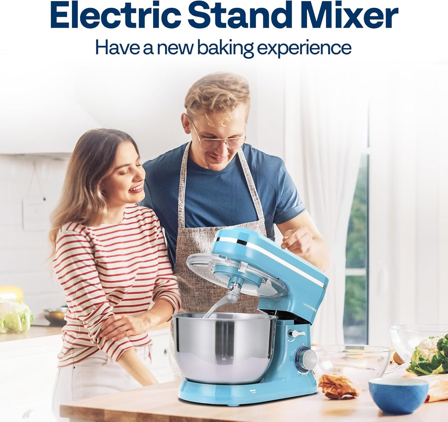 VIVOHOME 4.75 Quart Stand Mixer, 8 Speed Kitchen Electric Food Mixer, Household Stand Mixer for Baking, Cake, Bread with Beater, Dough Hook, Wire Whip and Egg Separator, Blue