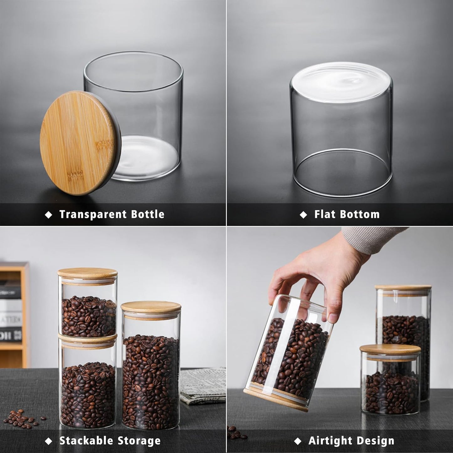 MOLFUJ 1200 ML / 40 FL Oz Glass Storage Container with Wood Lid, Stackable Clear Decorative Organizer Bottle Canister Pantry Jar with Air Tight Wooden Lid for Food, Coffee, Candy, Sugar, Salt, Tea