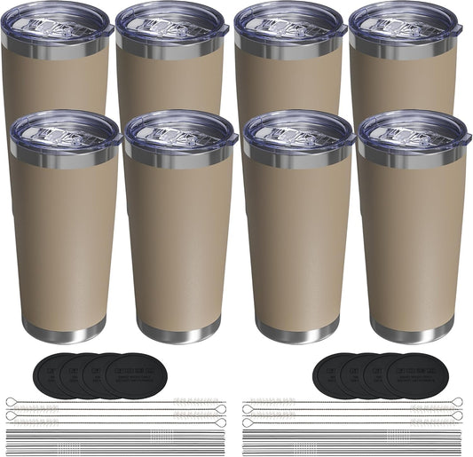 Travel Coffee Tumbler 20oz, 8 Pack Leakproof Travel Coffee Mug with Lid and Straw, Stainless Steel Double Wall Vacuum Insulated Tumbler for Hot/Iced Drinks (Textured Matte, Brown)