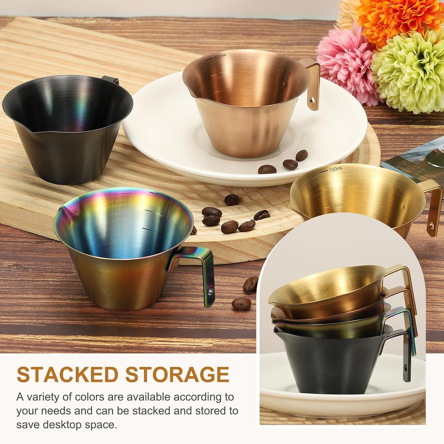 uxcell 1 Pcs Stainless Steel Espresso Cup with Handle, V-Shaped Mouth Espresso Measuring Cup with Scale for Preparing Coffee, Cocktails, 3.4OZ/100ML (Gold)