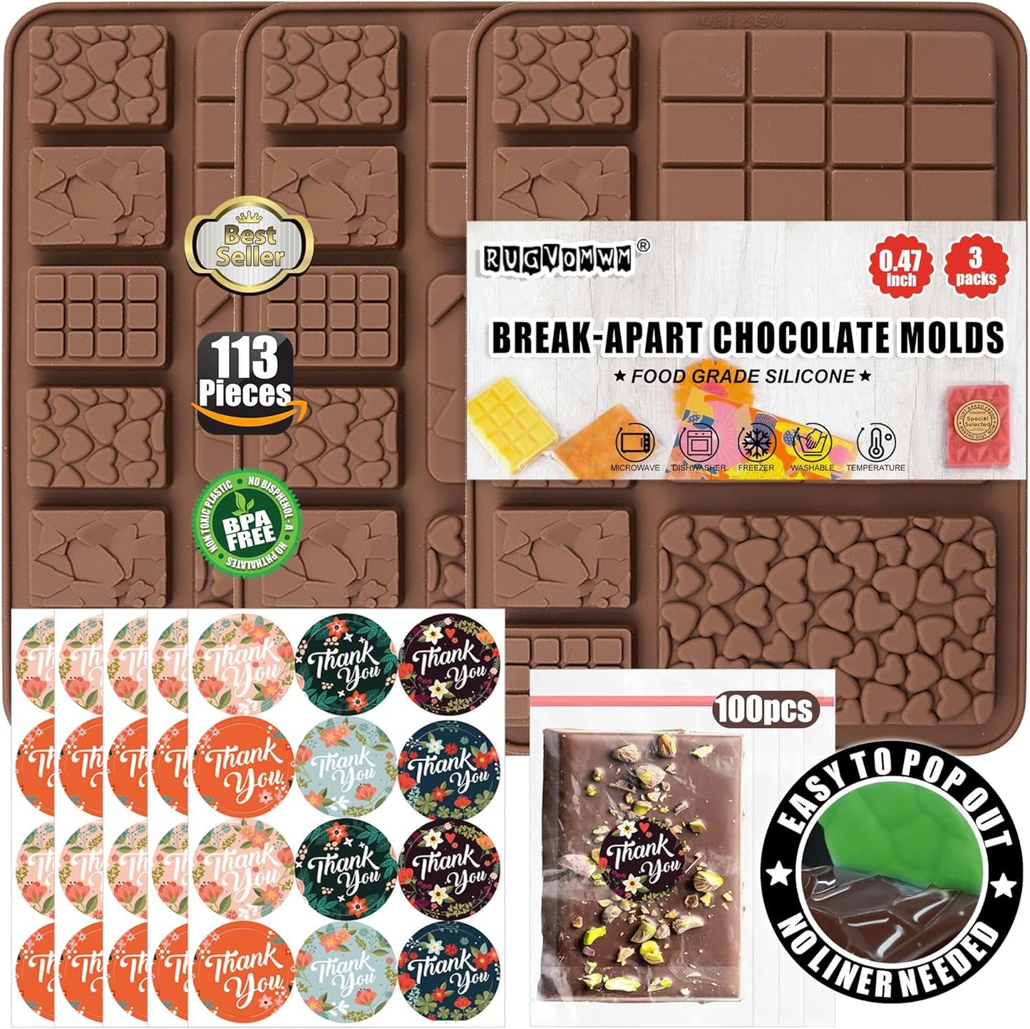 9 in 1 Silicone Break Apart Chocolate Bar Mold with Plastic Bags and Thanks for the stickers,Non Stick Homemade Protein and Energy Bar Mould - 113pcs