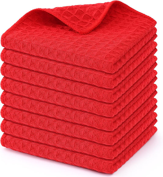 Homaxy Microfiber Waffle Weave Kitchen Dish Cloths, 12 x 12 Inch Ultra Absorbent and Solid Color Dish Towels for Kitchen Fast Drying Dishcloth for Washing Dishes, 8 Pack, Red