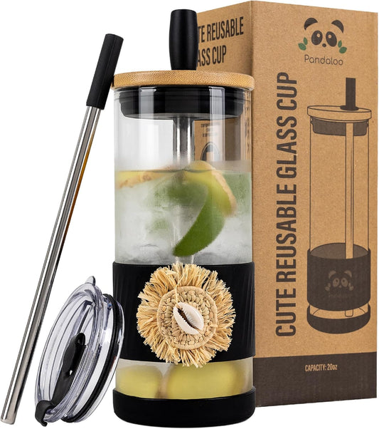 Pandaloo® Glass Cups With Lids and Straws -20 Fl Oz- Hand Made cool shell-raffia detail- Perfect Size Iced Coffee Cup - Smoothie Cup - BPA Free- (Ethnic-Chic Natural, 1 Count (Pack of 1))