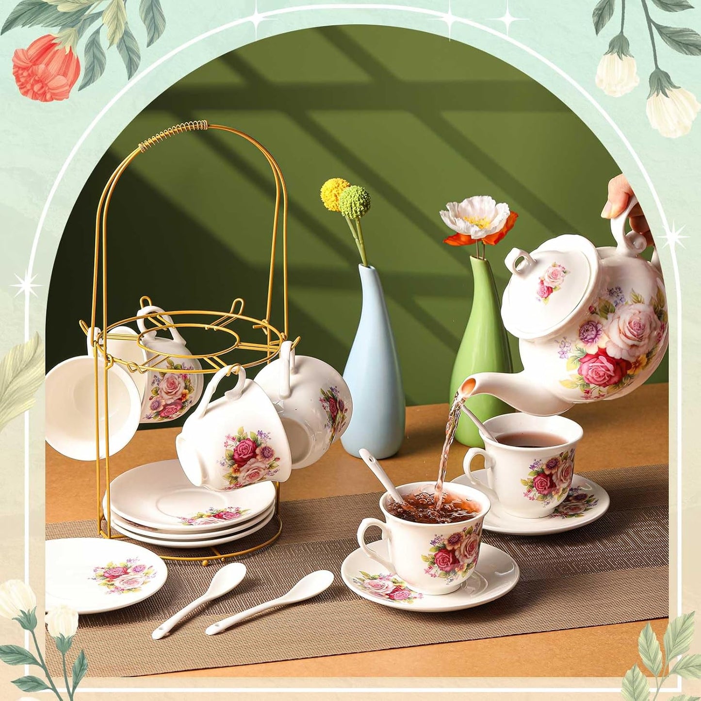 Zhehao 20 Pcs Porcelain Tea Set with Metal Holder and Spoon Adult Ceramic Tea Party Set European Flower Painting Teapot Cup Saucer Spoon for Women, Large Version(Modern Style)