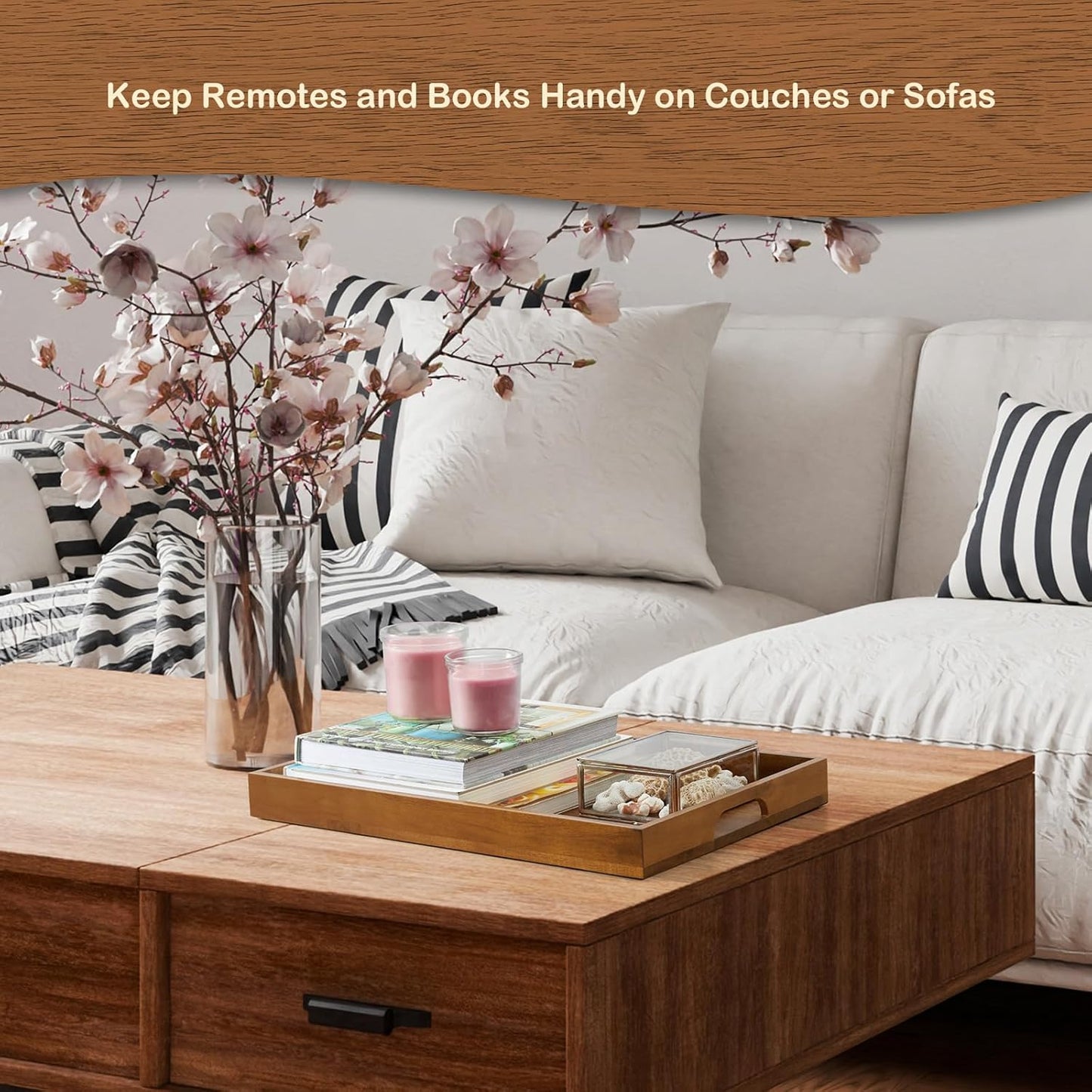 17 Inch Acacia Wood Serving Tray with Handles, Large Wooden Tray for Ottoman, Breakfast in Bed, Coffee Table, Dinner, Perfect for Living Room Bedroom Entryway and Kitchen