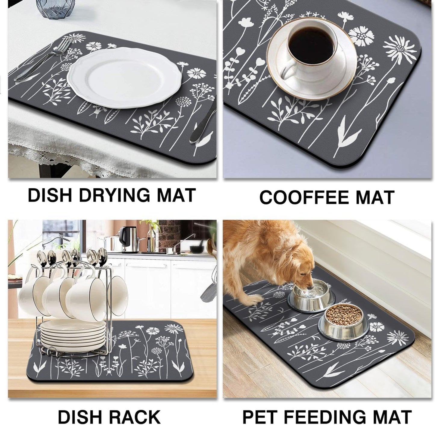 Dish Drying Mat for Kitchen Counter 20x12in Washable Quick Dish Drying Pad Rubber Backed Absorbent Draining Mat Fit Kitchen Counter,Bar,Under Sink,Dishes,Utensils,Dish Rack