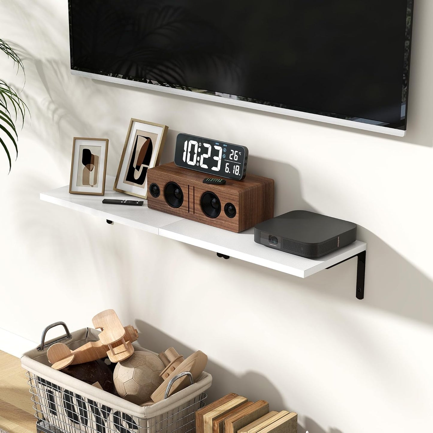 Fun Memories Deep Floating Shelves, 16W x 8D Floating Shelves Set of 2, Wall Mounted Shelf with Metal Brackets, Rustic Wood Wall Shelf for Bathroom, Kitchen and Living Room, White