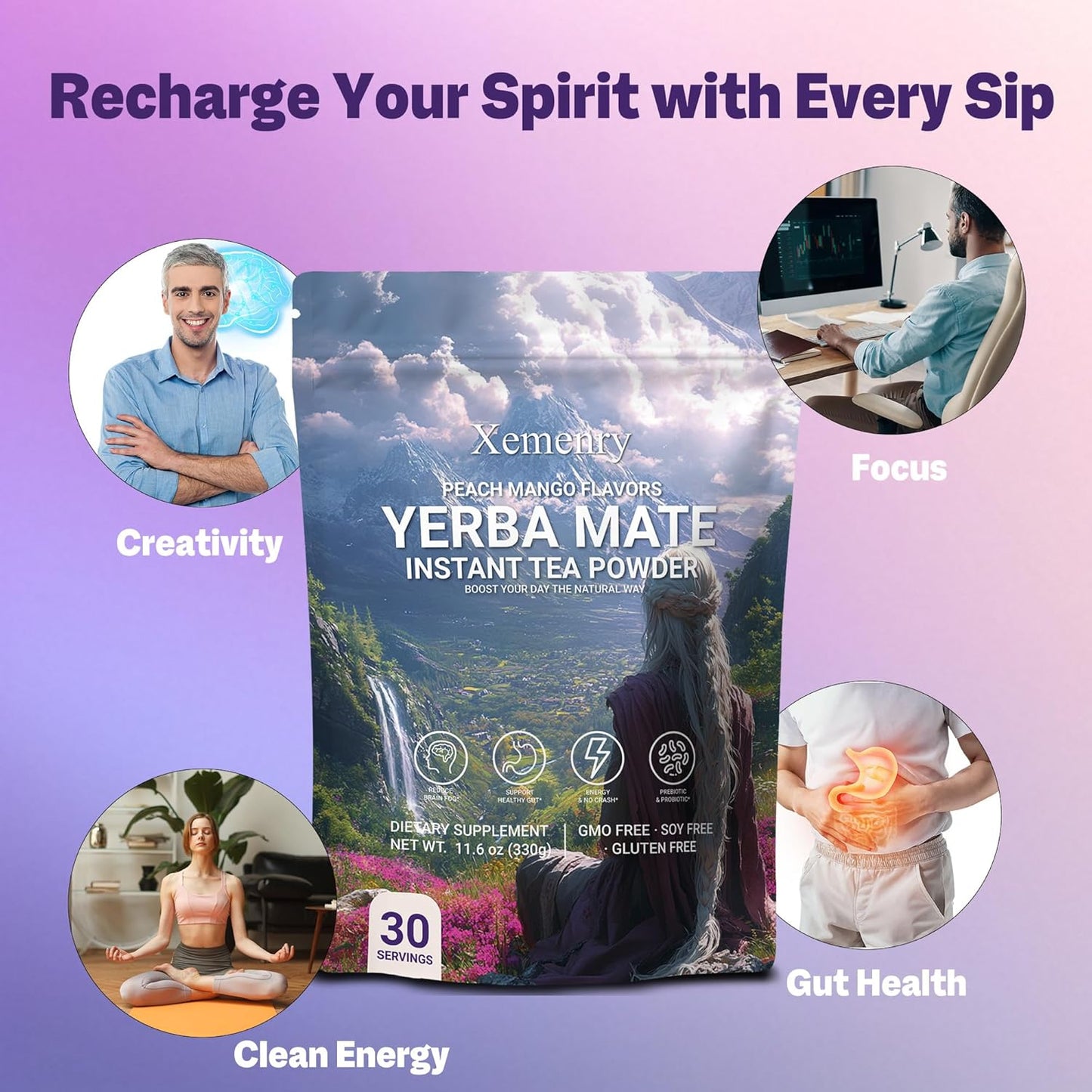 Yerba Mate Tea Powder - Peach Mango, Clean Energy & Focus with L-Theanine, Gut Health Support with Prebiotics, No Crash, 11.6oz (30 Servings)