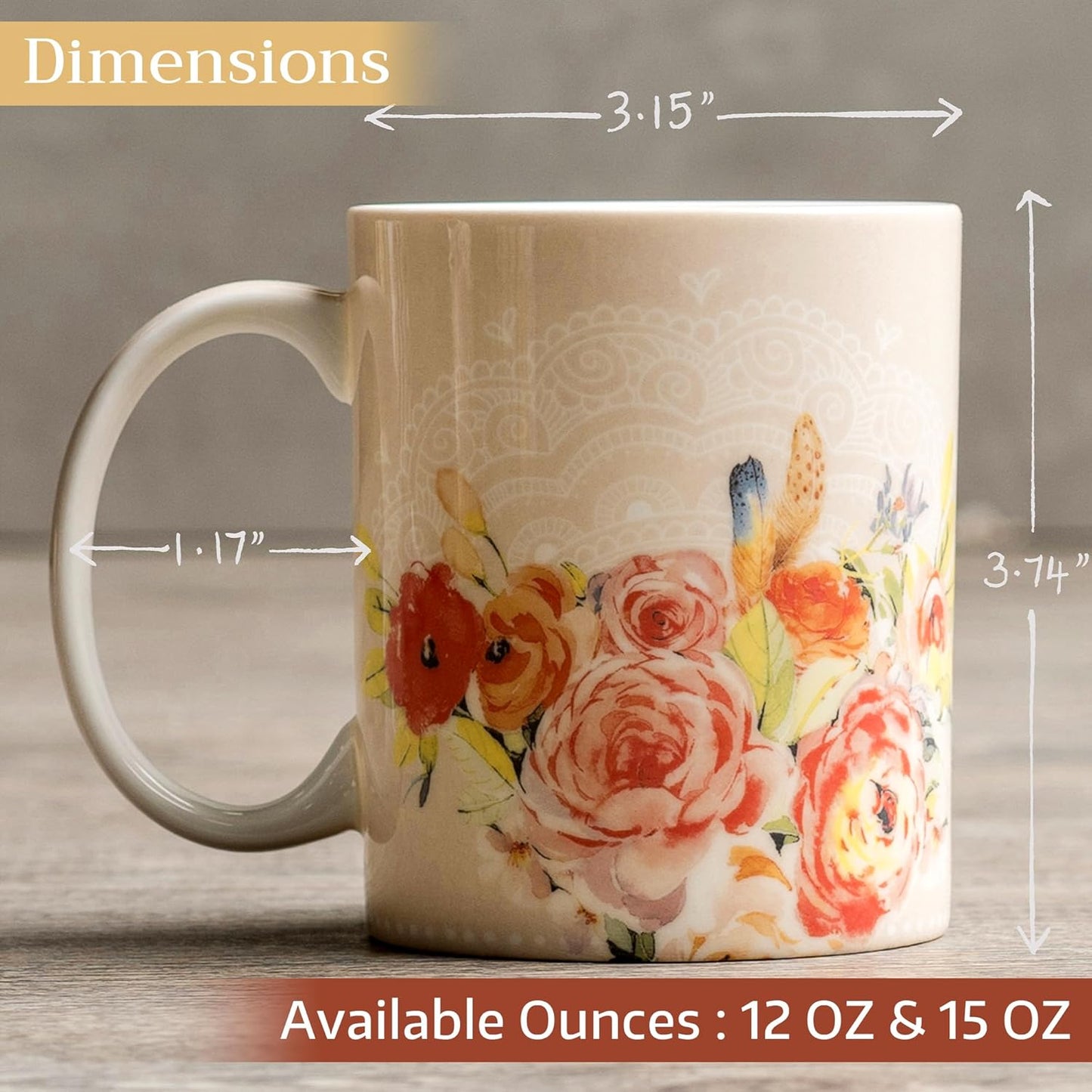 Maison d' Hermine Coffee Mug with Handles Fine Bone China Mugs Pack of One Tea Cups for Hot Beverages Cappuccino Latte Home Restaurant Office Perfect for Gift (Ibiza - Beige - Rose, 12 Ounce)