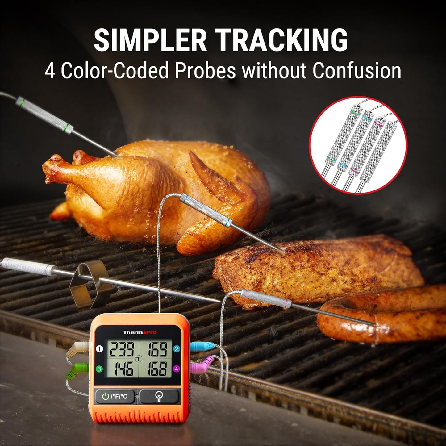 ThermoPro TP829 1000ft Wireless Meat Thermometer Digital for Grilling and Smoking, 4 Meat Probes Grill Thermometer for Outside Grill, BBQ Thermometer for Cooking Turkey Temperature Indicator