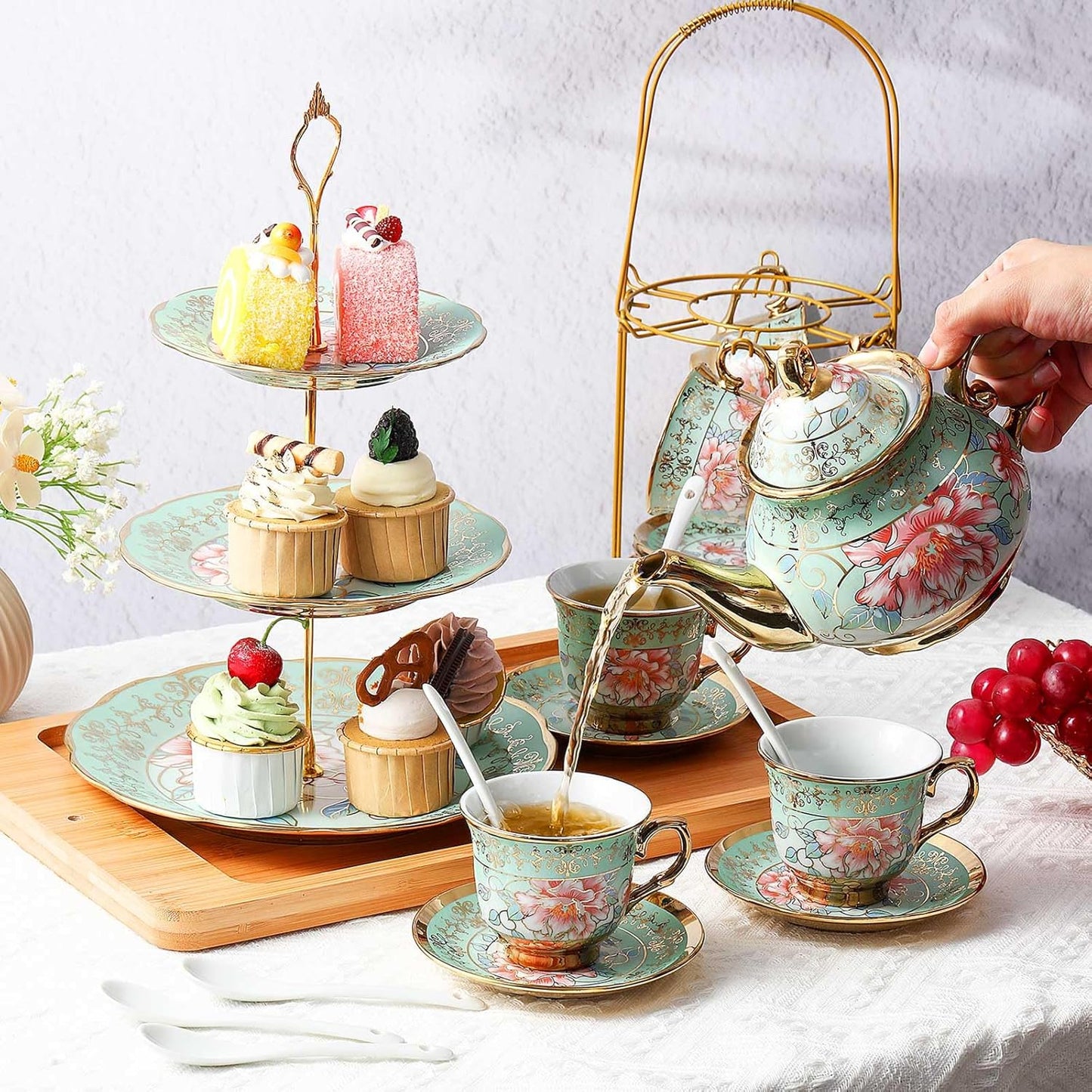 Maxcheck 21 Pcs Tea Party Set for Adults European Floral Tea Set with Metal Holder and 3 Tier Ceramic Cake Stand Porcelain Flower Cup Teapot for Dessert Cupcake(Fresh Style)