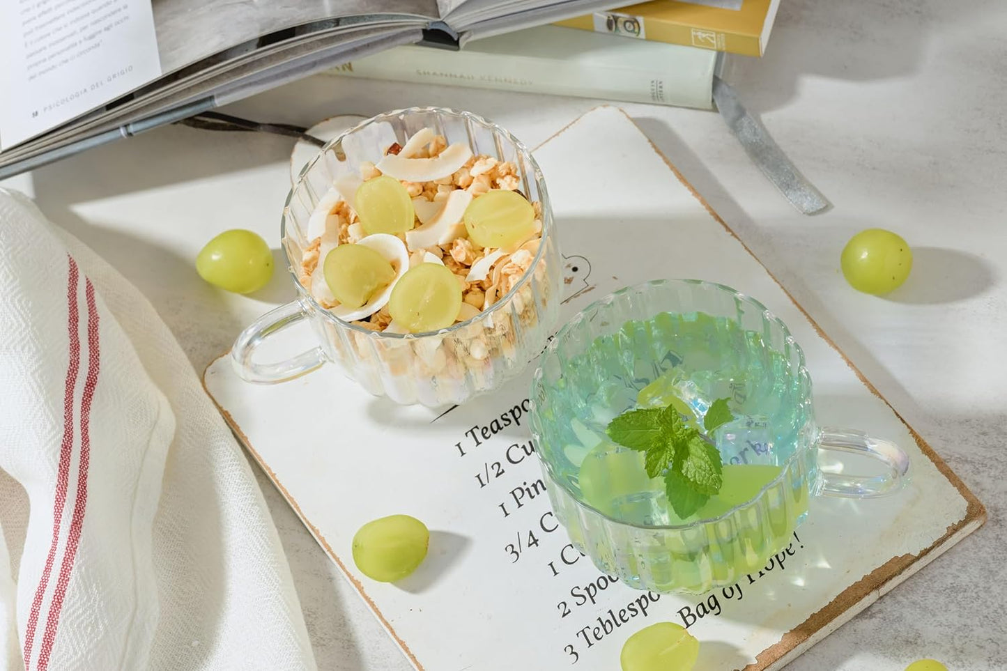 4pcs Vintage Iridescent Glass Coffee Mugs-Seamless Design, 15 Oz Ribbed Glass Mugs with Handle, Lead-Free Coffee Cups for Latte, Cereal, Yogurt, Hot/Cold Beverage, Coffee Lovers Gifts