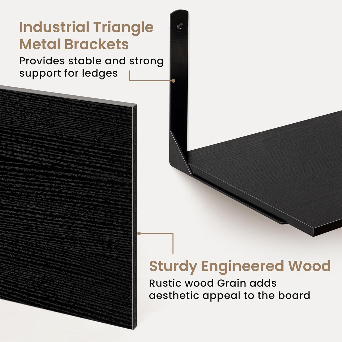 Fun Memories Floating Shelves for Wall, 12 Inch Deep Floating Shelves Set of 2, Wall Mounted Shelf with Metal Brackets, Rustic Wood Wide Shelf for Bathroom, Kitchen and Living Room, Black, 24W x 12D