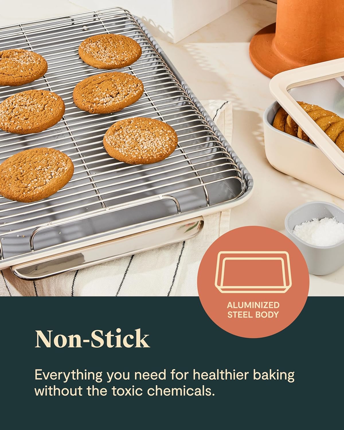 Caraway Nonstick Ceramic Bakeware Set (11 Pieces) - Baking Sheets, Assorted Baking Pans, Cooling Rack, & Storage - Aluminized Steel Body - Non Toxic, PTFE & PFOA Free - Cream