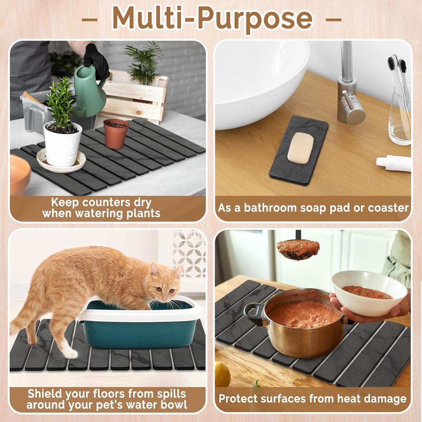 2 PCS Large Stone Dish Drying Mat for Kitchen Counter,Quick Dry Stone Dishes Mats,Marbled Water Absorbing Diatomaceous Earth Drying Pad for Countertop Bottles Utensils Cups（Dark Gray 24"×16" & 8"x4"）