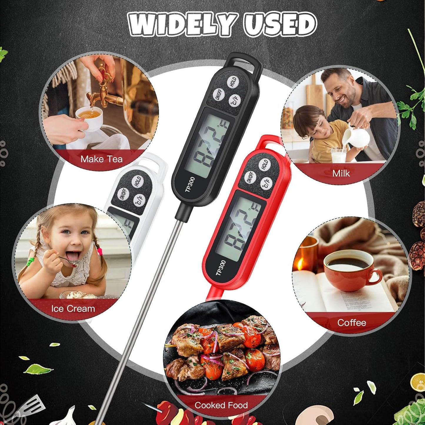 Waterproof Food Thermometer with Long Probe Digital Meat Thermometer for Water, Liquid, Candle and Cooking Instant Read for Kitchen BBQ Grill Candy(Black,White,Red)