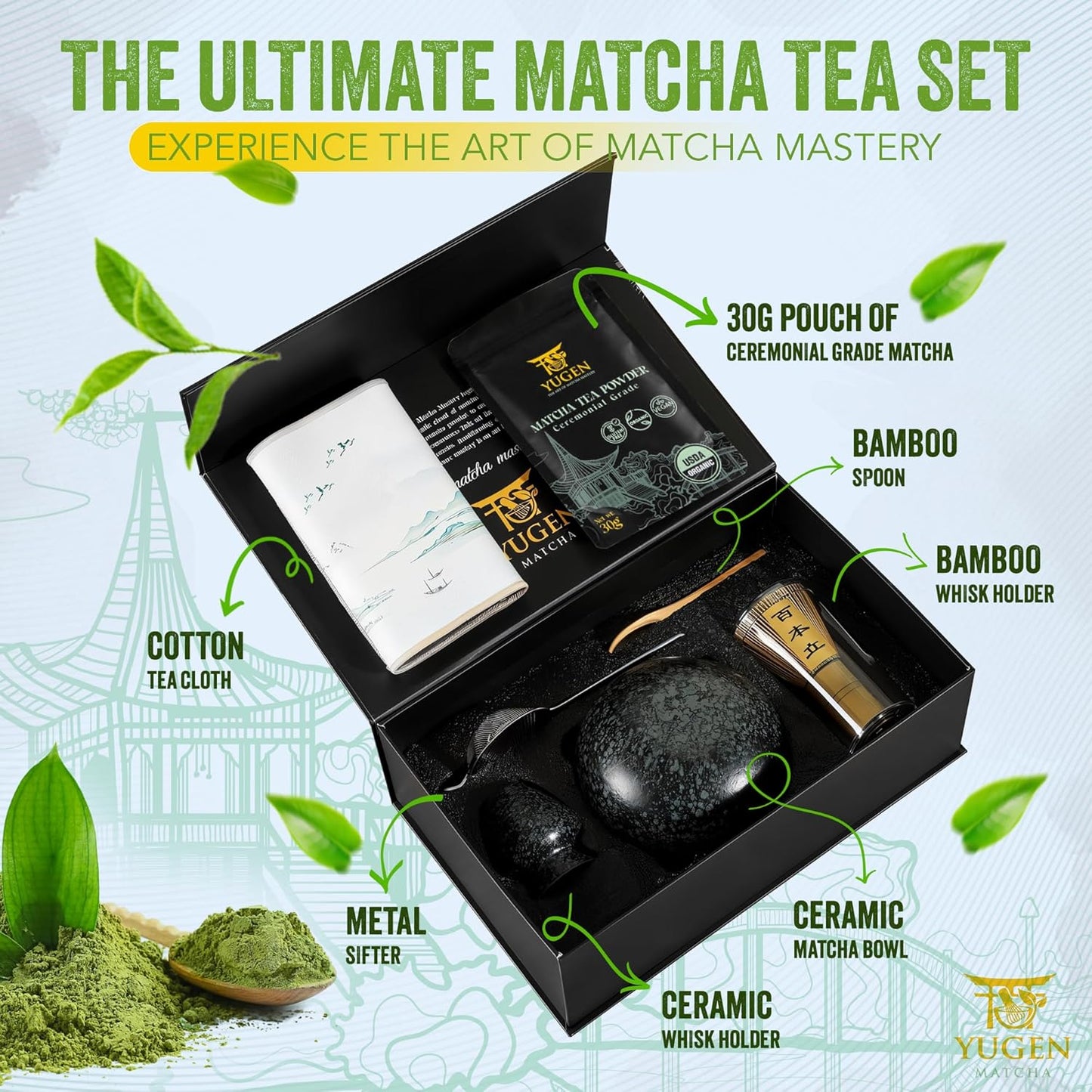 YUGEN MATCHA 7 Piece Matcha Whisk Set, Includes 30g Ceremonial Grade Matcha Powder, Metal Sifter, Bamboo Whisk, Whisk Holder, Bamboo Spoon, Tea Cloth, Matcha Bowl, Tea Set, Ceremony Set