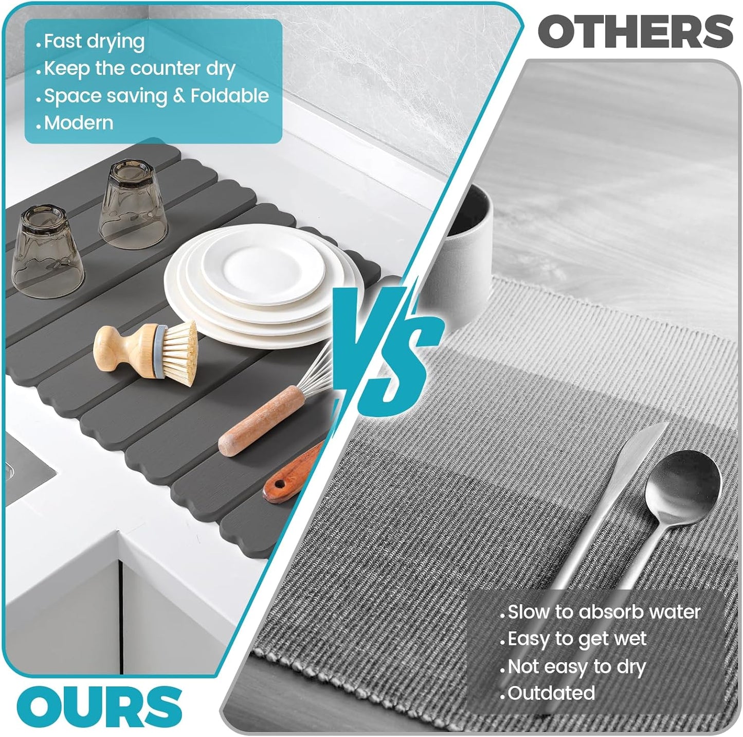 Extral Large Quick Dry Stone Drying Mat for Kitchen Counter,28x16 Inch Collapsible Eco-Friendly Absorbent Diatomaceous Earth Mat for Dishes Cups,Dish Drying Mats (Dark grey-Love shape, 28x16 inch)