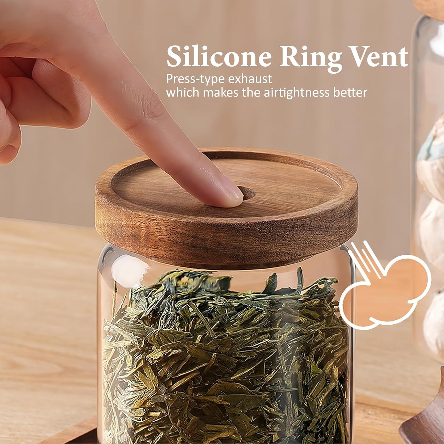 960ML/32Oz Clear Cute Glass Storage Canister Holder with Stackable Airtight Wood Lid, Modern Decorative Container Jar for Coffee, Spice, Candy, Salt, Cookie, Condiment, Pepper, Sugar