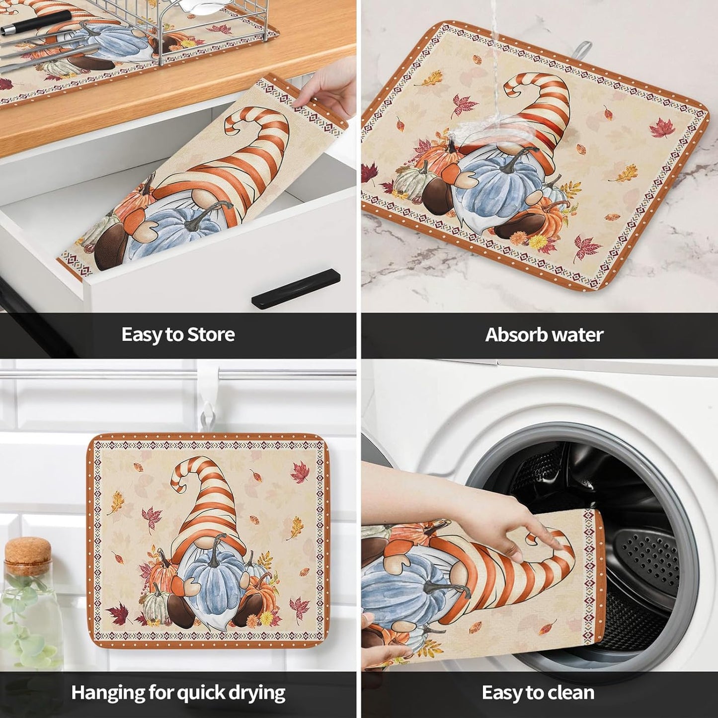 Fall Dish Drying Mat for Kitchen Counter Pumpkin Gnome Drying Pad Absorbent Drying Mats for Countertops Sinks Draining Racks Autumn Maple Leaves Drainer Holiday Harvest Thanksgiving Decorations 16x18