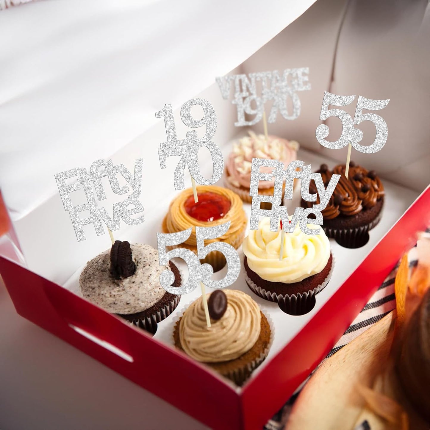 Gyufise 24Pcs 55th Birthday Cupcake Toppers Glitter Cheers to 55 Fabulous Fifty Five Vintage 1970 Cupcake Picks 55th Birthday Wedding Anniversary Party Cake Decorations Supplies Rose Gold