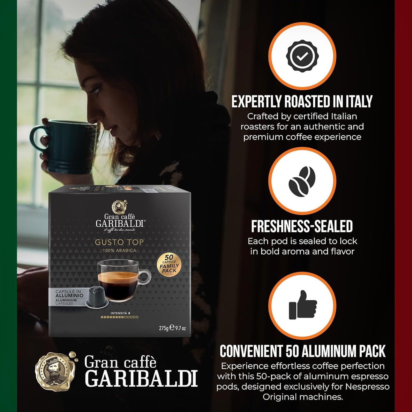 Gran Caffè Garibaldi Espresso Pods, Italian Roasted Compatible Nespresso Original Line Machines, 100% Arabica Blend, Brazilian & Central American Beans, Cocoa Aroma - Gusto Top (Aluminum) 50 Cups