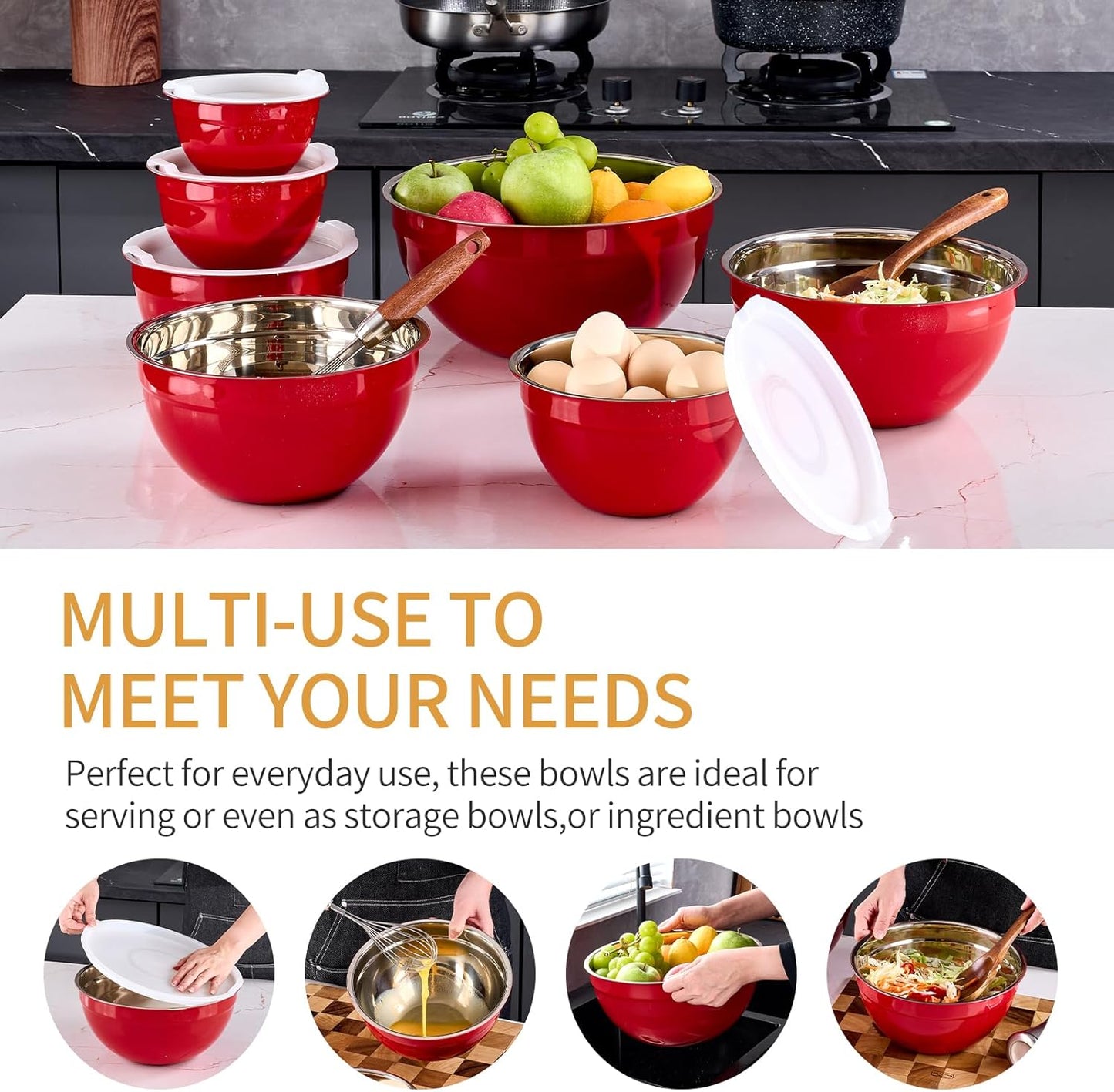 Red Mixing Bowls With Airtight Lids,Stainless Steel Bowl,Salad Bowls 7 Piece Colorful Nesting Bowl Red Kitchen Accessories,Size 7,3.6,2.7,2.1,1.5,1.1,0.8QT Stackable Design