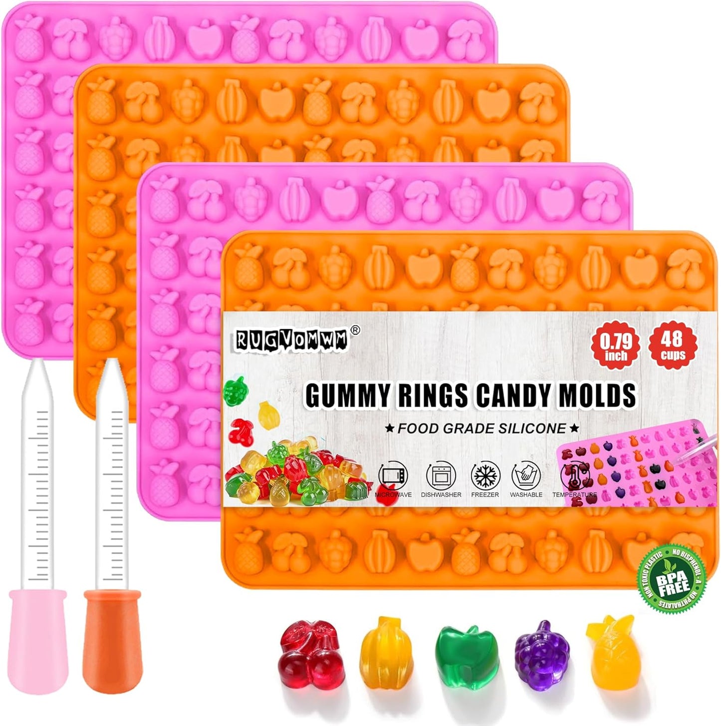 Set of 8 Fruit Snack Molds Silicone Bpa Free, Gummy Molds Trays for Candy Chocolate Gummies Baking - with 2 Dropper & 2 Cleaning Brush(Cherries Grape Banana Apple Pineapple)