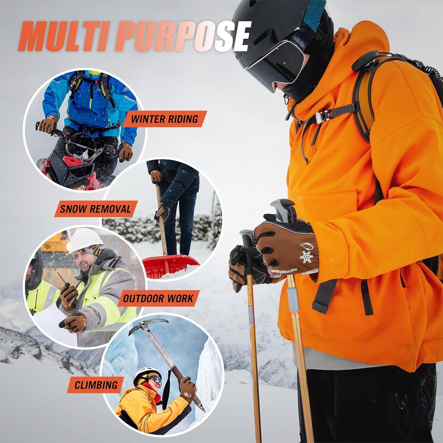 HANDLANDY Winter Insulated Work Gloves, 3M Thinsulate Thermal Water-Resistant Gloves for Men Women Touch Screen, Warm Ski Snowboard Cold Weather Gloves (Brown, 2X-Large)