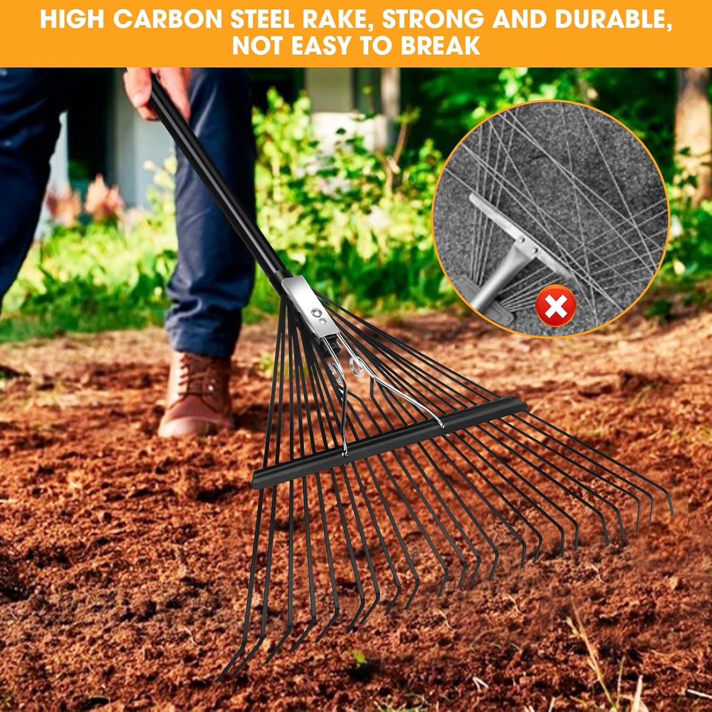 46 HRC Steel Gardening Leaf Rake, 22 Tines 22.8" Wide,Adjustable Split Long Handle 33-67",Suitable for Raking Leaves and Lawn Tidying,Garden rake and thatch rake Suitable for Adults