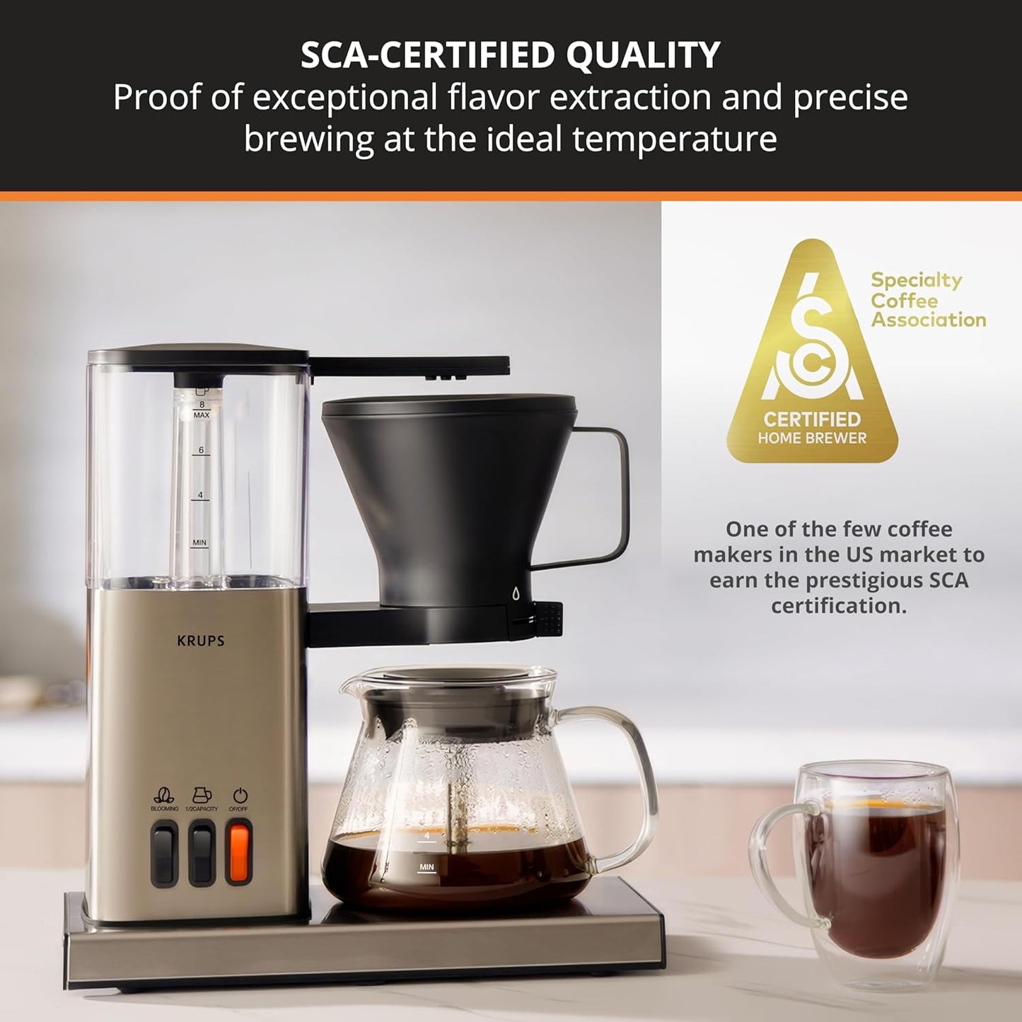 KRUPS Essential Brewer 8 Cup Drip Coffee Maker Machine SCA-Certified Blooming Technology, Barista-Quality, Pour-Over Coffee Machine, Easy to Clean Dishwasher Safe, Stainless Steel Design, Silver
