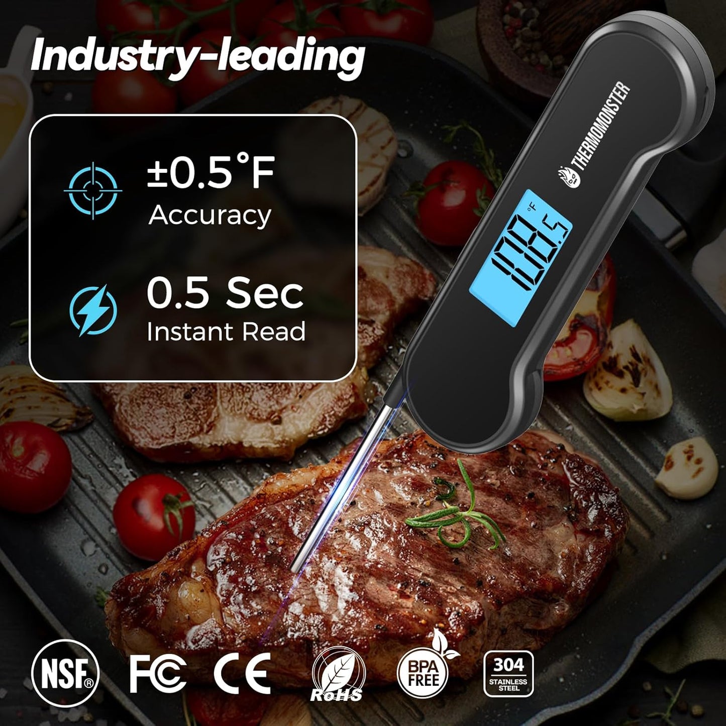 0.5 Sec Instant Read Meat Thermometer Digital with ±0.5℉ Precision, 100% Waterproof Auto Flip Bright LCD Screen, Motion Sensing Food Thermometer for Cooking Kitchen Oven Grill Candy BBQ, Black