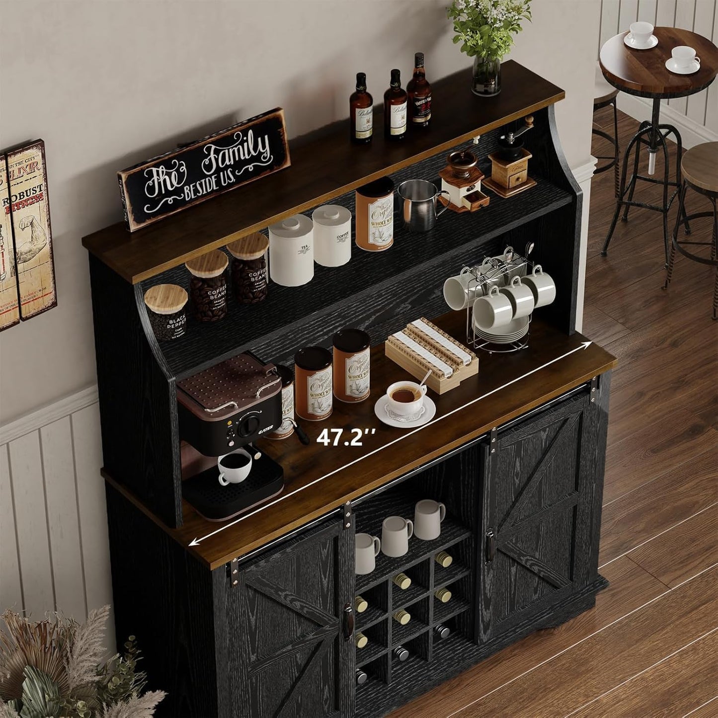 47 Inch Farmhouse Coffee Bar Cabinet with 3-Tier Storage, Coffee Bar Hutch with 9 Wine Racks, 3 Glass Holders, 6 Hooks, Kitchen Hutch for Dining Living Room, Black