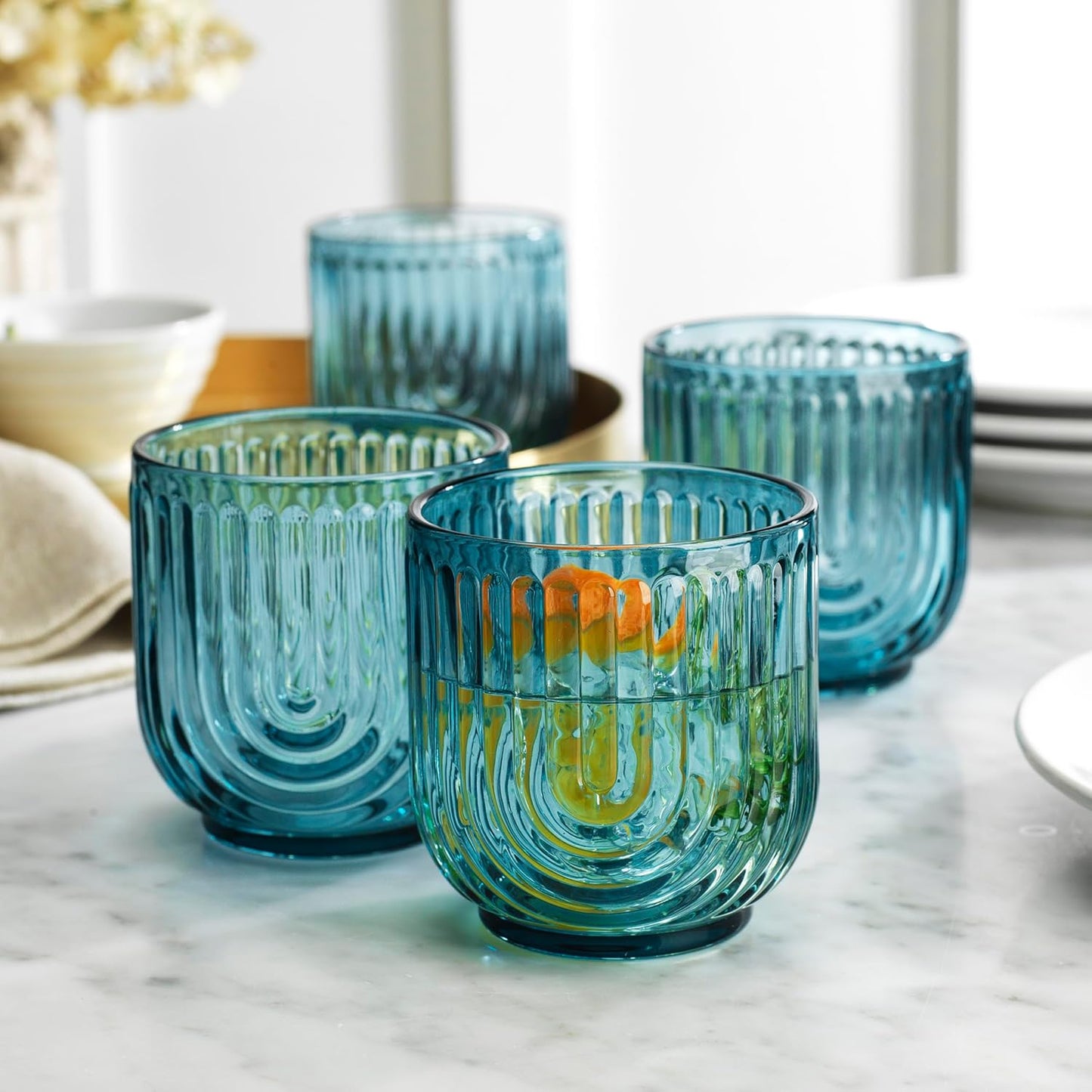 Glaver's Double Old Fashioned Rock Glasses, Set of 4 Blue Whiskey Glasses, 11 oz Art Deco U-Shape Design Embossed Everyday Home Bar Glassware. Art Deco Elegant Kitchen Drinking Glasses.