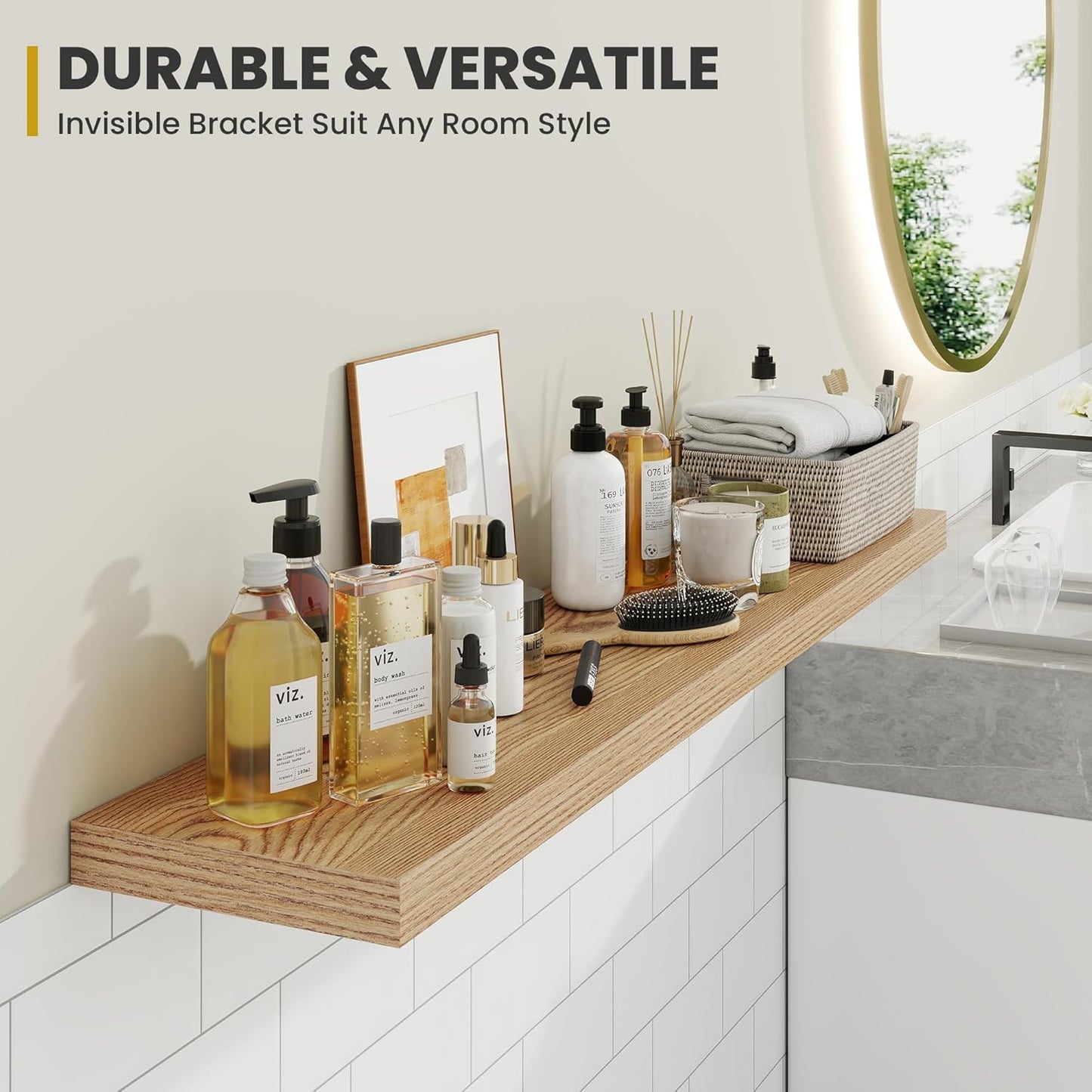 48 Inch Floating Shelves, 9.3" Deep Floating Shelf Wall Mounted, 48" Wall Shelves, Rustic Deep Bookshelf, Large Display Shelves & Storage Shelves for Bedroom, Living Room, Light Brown, Set of 1