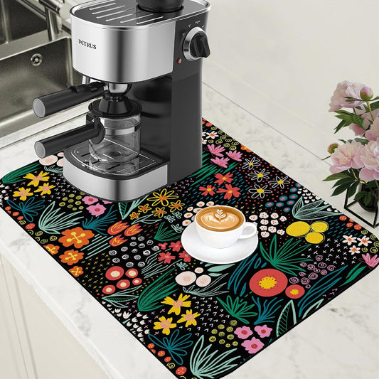 Dish Drying Mat Doodle Flower Meadow Coffee Bar Mat for Countertop Absorbent Rubber Backed Hide Stain Dish Drainer Rack Pad Coffee Pot Espresso Machine Dining Room Decoration 15.7 x 23.6 Inch